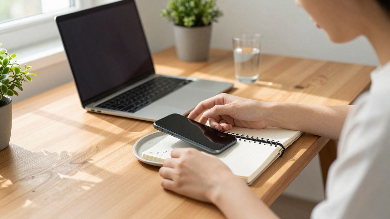 Pessoa a usar telemóvel junto a computador portátil e caderno numa mesa de madeira com plantas e copo de água.
