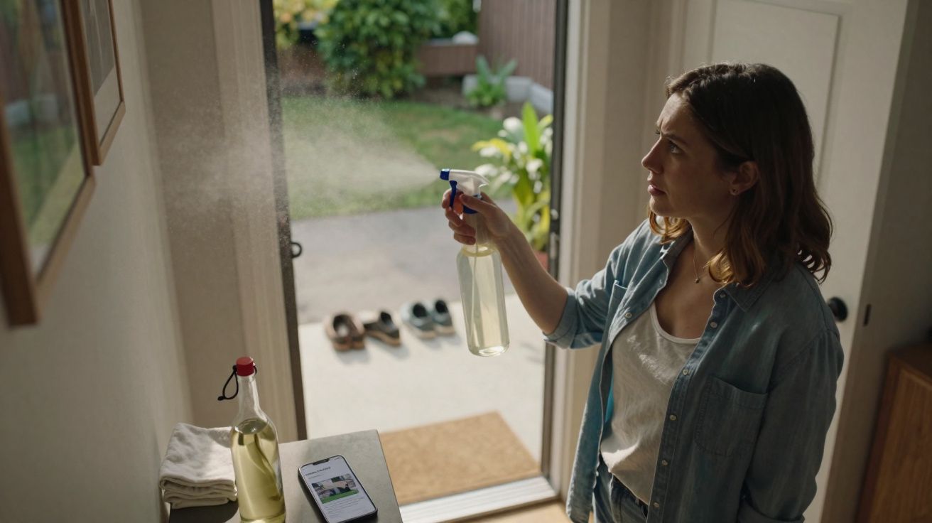 Mulher a borrifar spray numa planta junto à porta aberta para o jardim.
