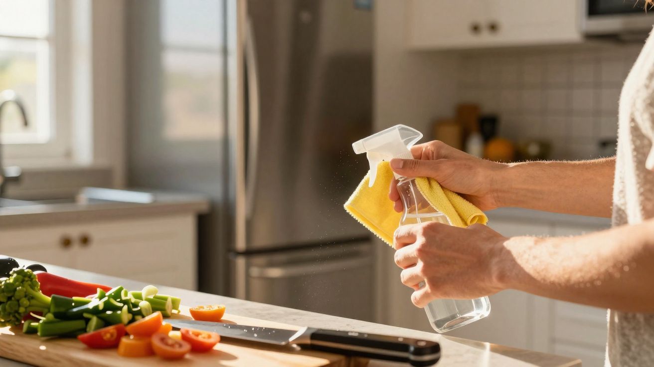 Pessoa a limpar um frasco de spray com um pano amarelo numa cozinha com legumes cortados sobre a bancada.