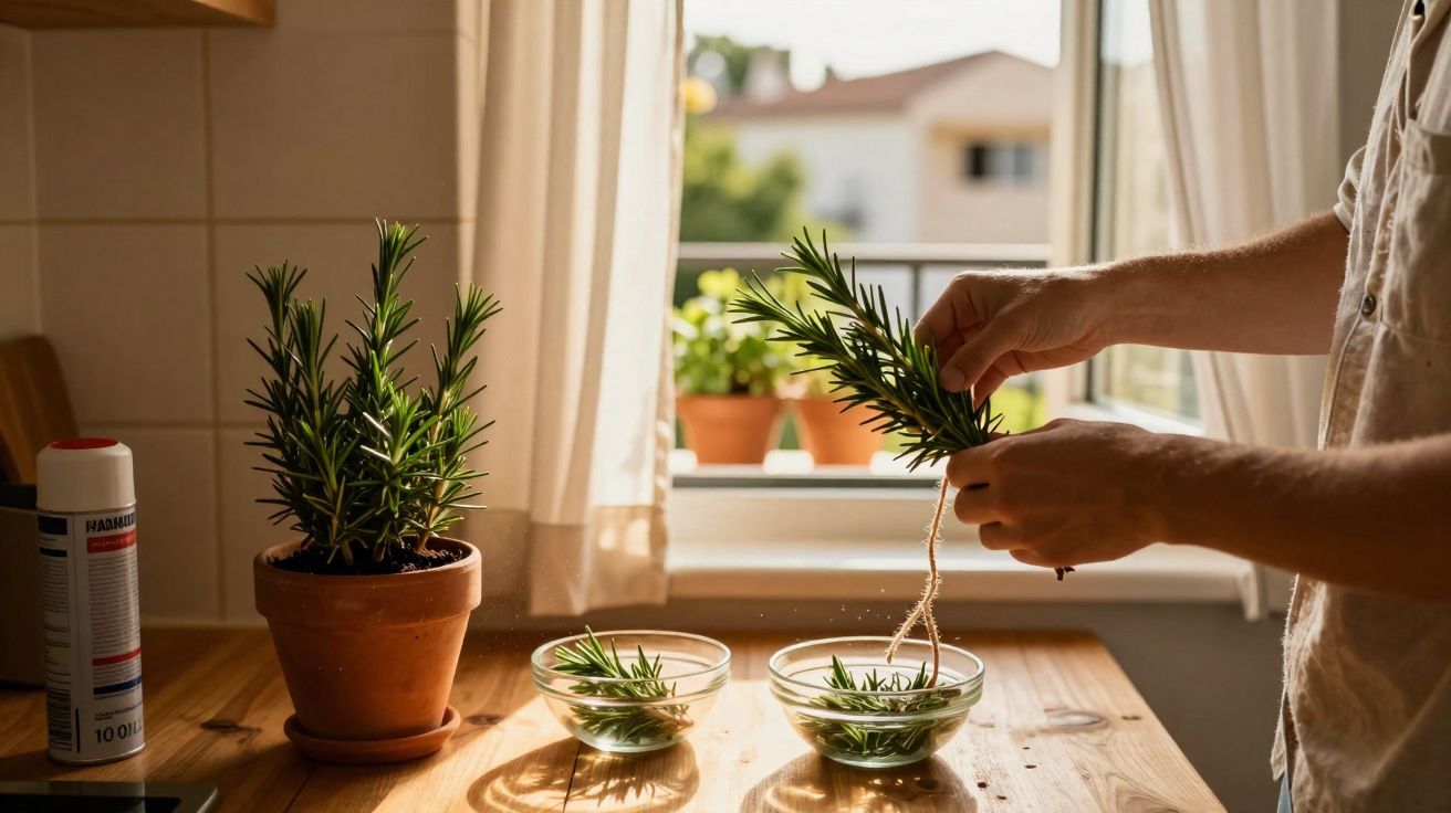 Pessoa a cuidar de ramos de alecrim em casa com vasos e luz natural na cozinha.