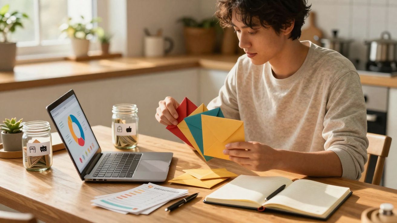 Jovem a organizar envelopes coloridos numa mesa com portátil, cadernos e jarros de moedas na cozinha.