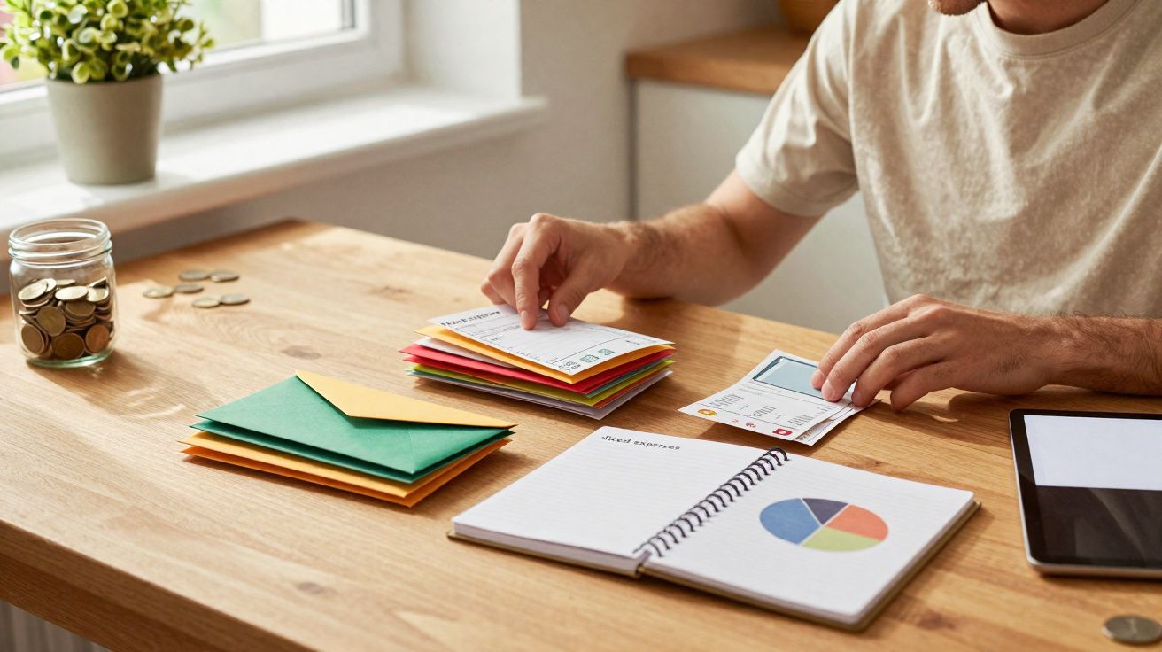 Pessoa a organizar contas e envelopes coloridos numa mesa com caderno, tablet e frasco com moedas.