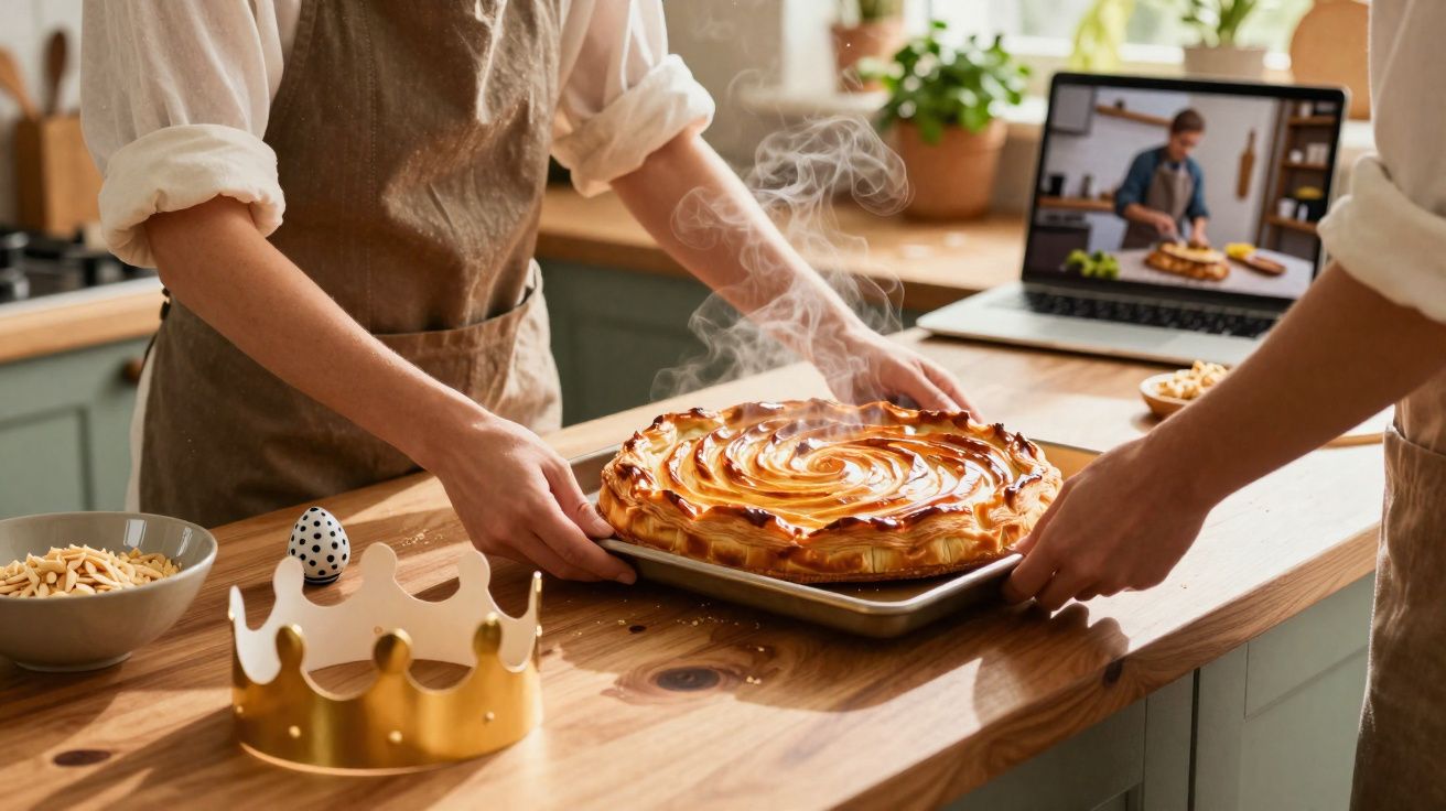 Duas pessoas a retirar uma tarte quente do forno numa cozinha, com um computador portátil ao fundo.