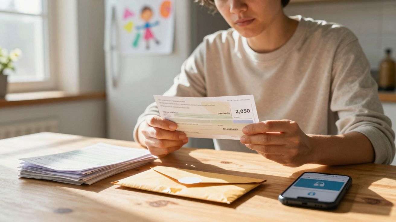 Pessoa a analisar uma fatura ou documento financeiro sentada à mesa com smartphone e envelopes.