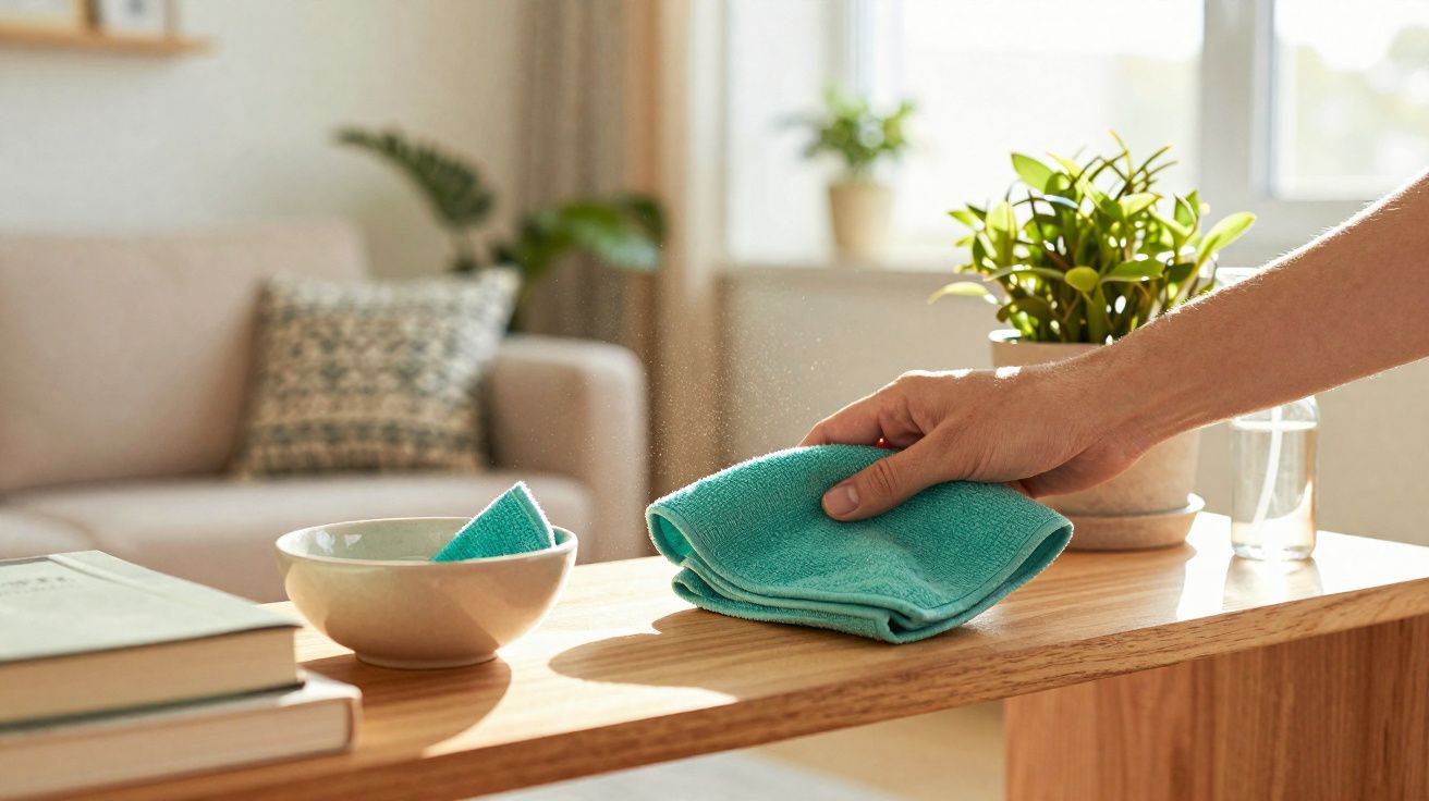 Pessoa a limpar uma mesa de madeira com um pano azul numa sala iluminada e decorada com plantas.