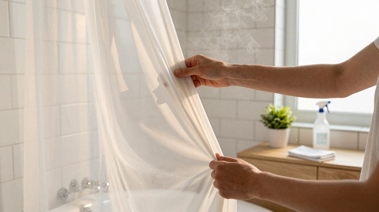Mãos a segurar cortina de chuveiro com vapor, perto de uma janela com planta e produtos de limpeza.