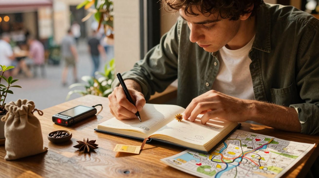 Homem jovem a escrever num caderno num café, com mapa e objetos sobre a mesa de madeira.