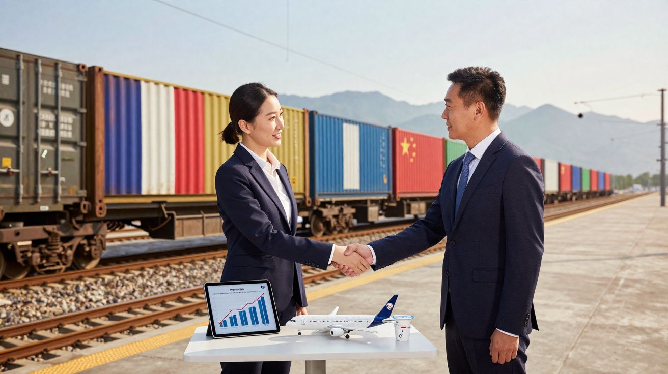 Dois profissionais a cumprimentarem-se junto a um comboio de contentores numa plataforma ferroviária.