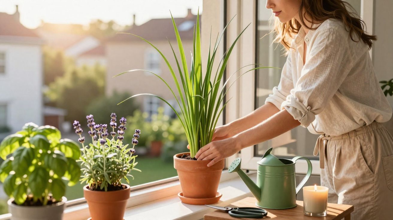 Mulher a cuidar das plantas num parapeito de janela com regador e vela ao lado numa manhã ensolarada.