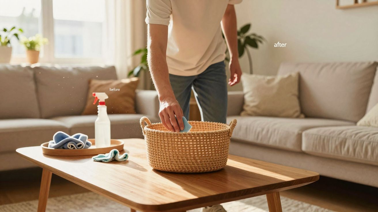 Pessoa a arrumar cesto sobre mesa de madeira numa sala com sofá e luz natural ampla.