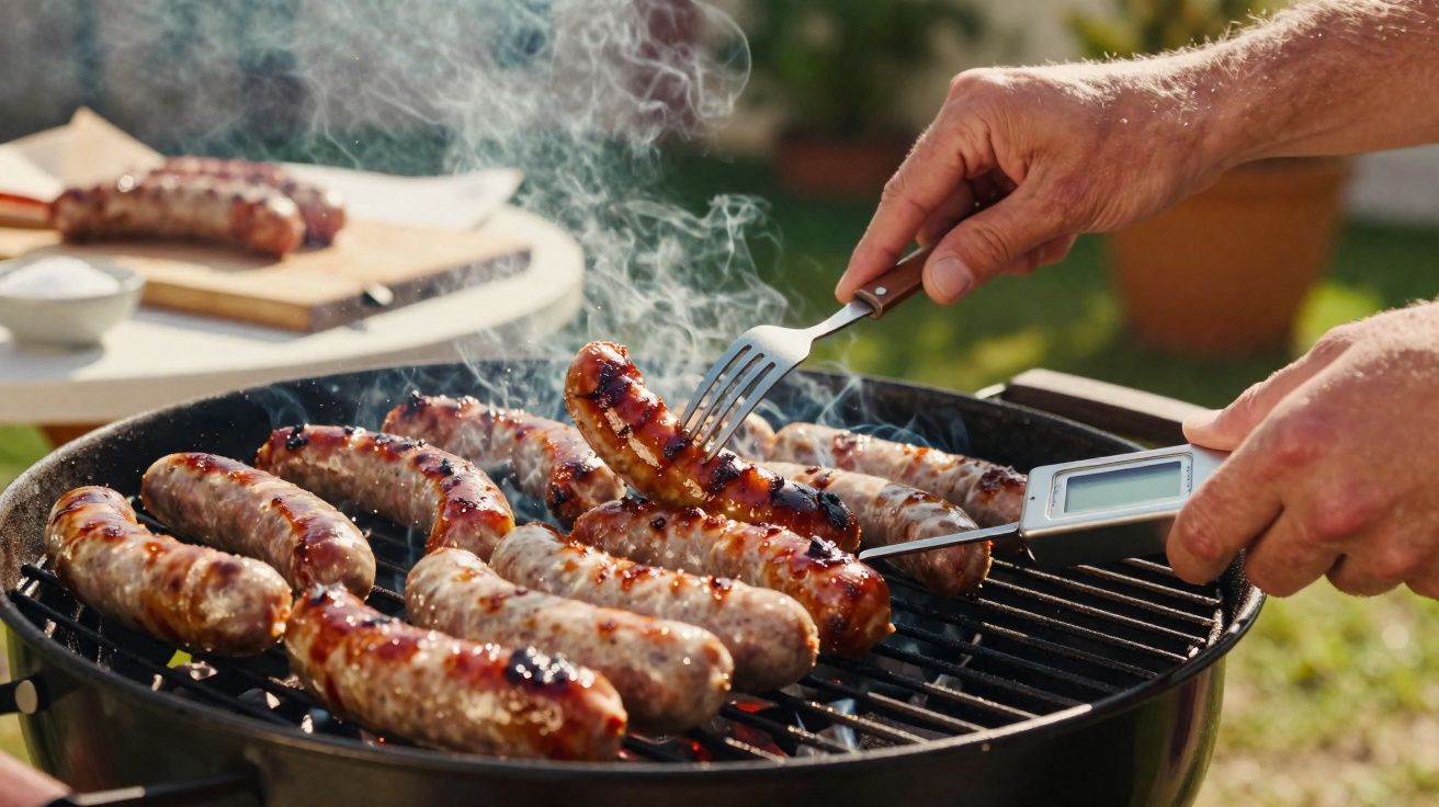 Churrasco de salsichas a grelhar, com mãos a virar uma salsicha com garfo e termómetro, ao ar livre.