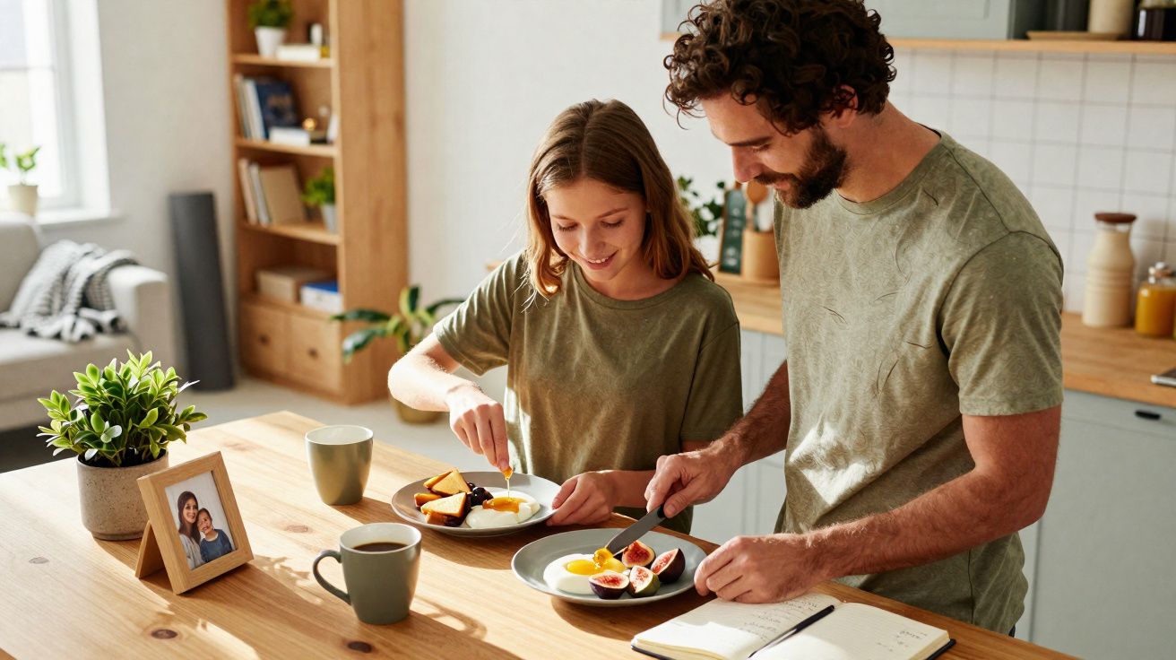 Pai e filha de camisolas verdes a comer ovo e figos ao pequeno-almoço numa cozinha luminosa e moderna.