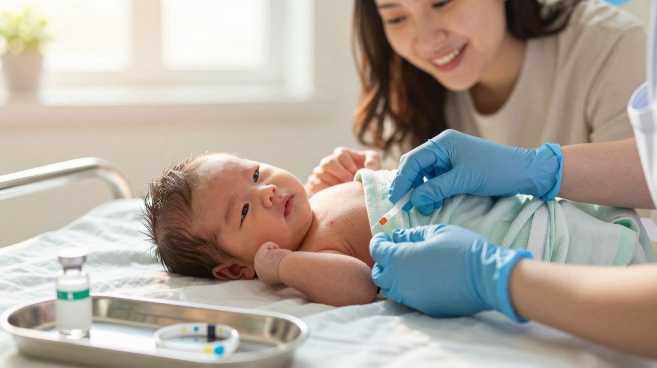 Bebé deitado enquanto profissional de saúde com luvas azuis prepara vacina, com mãe sorridente ao fundo.