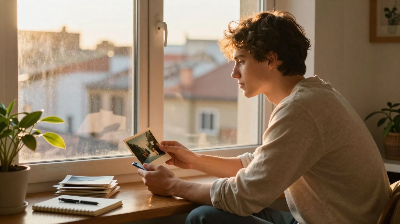 Jovem sentado junto à janela a olhar nostalgicamente para uma fotografia em papel.