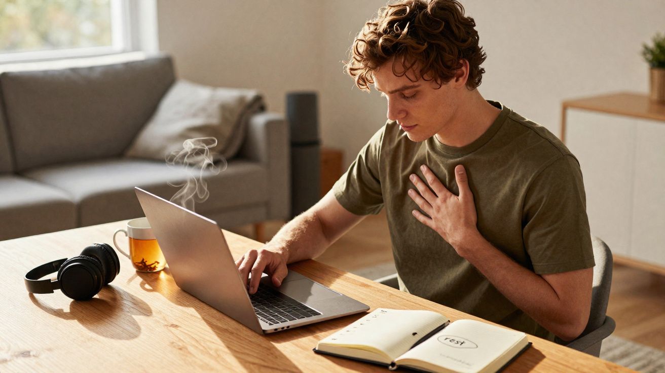 Homem com expressão de dor no peito a trabalhar num portátil numa sala iluminada com chá e auscultadores na mesa.