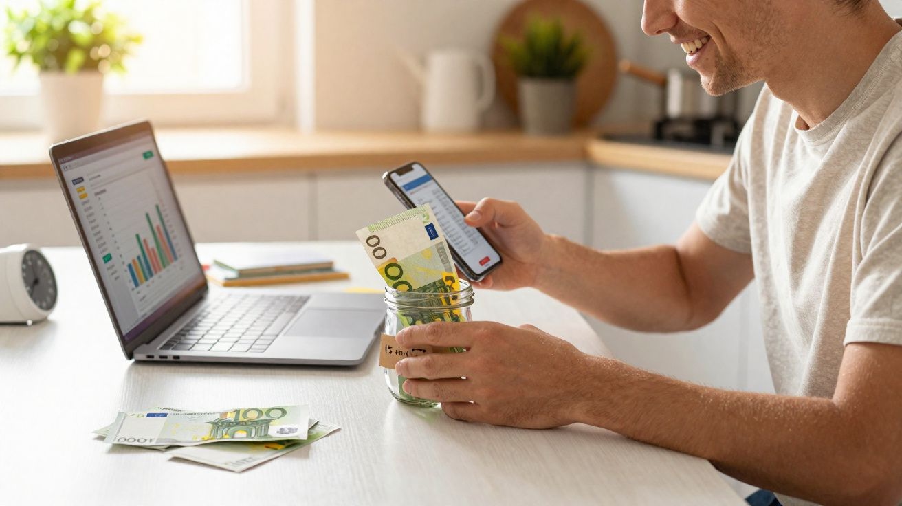 Pessoa a consultar finanças no telemóvel com notas de euros e computador aberto com gráficos na secretária.