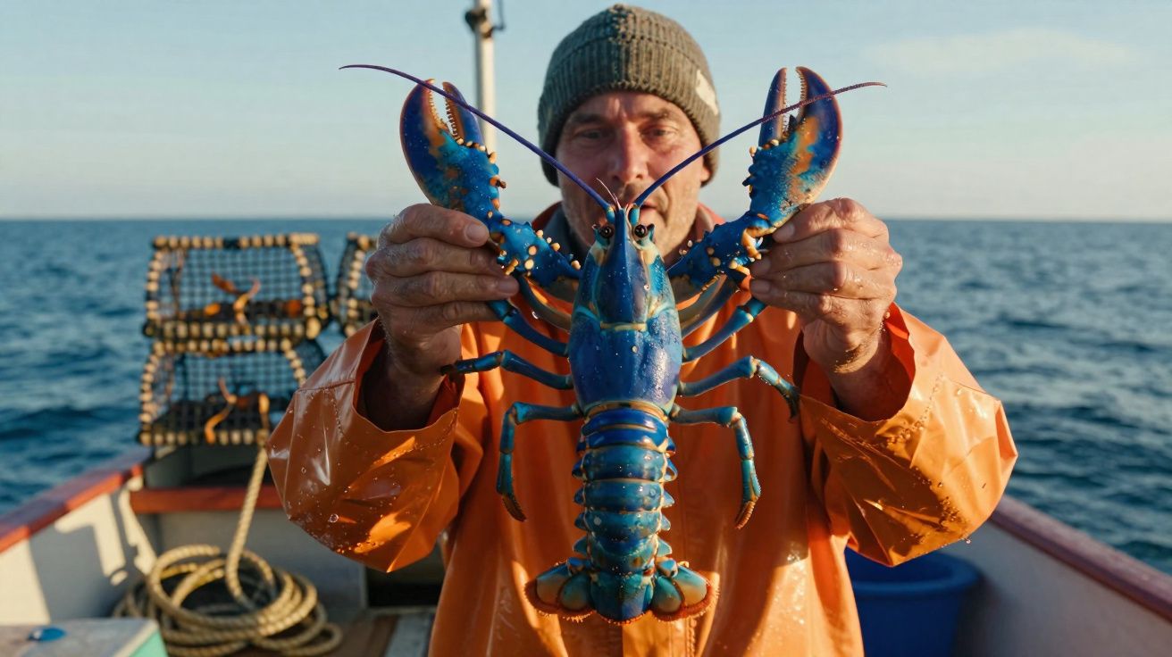 Pescador de roupa impermeável segura lagosta azul em barco no mar ao entardecer.