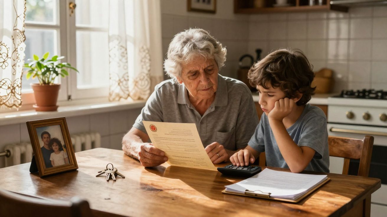 Idoso e criança sentados à mesa, a analisar documentos e usar calculadora numa cozinha iluminada.