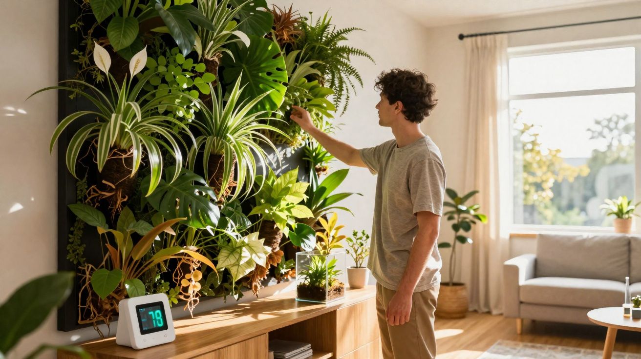 Homem a cuidar de plantas numa parede verde num sala com muita luz natural e decoração moderna.