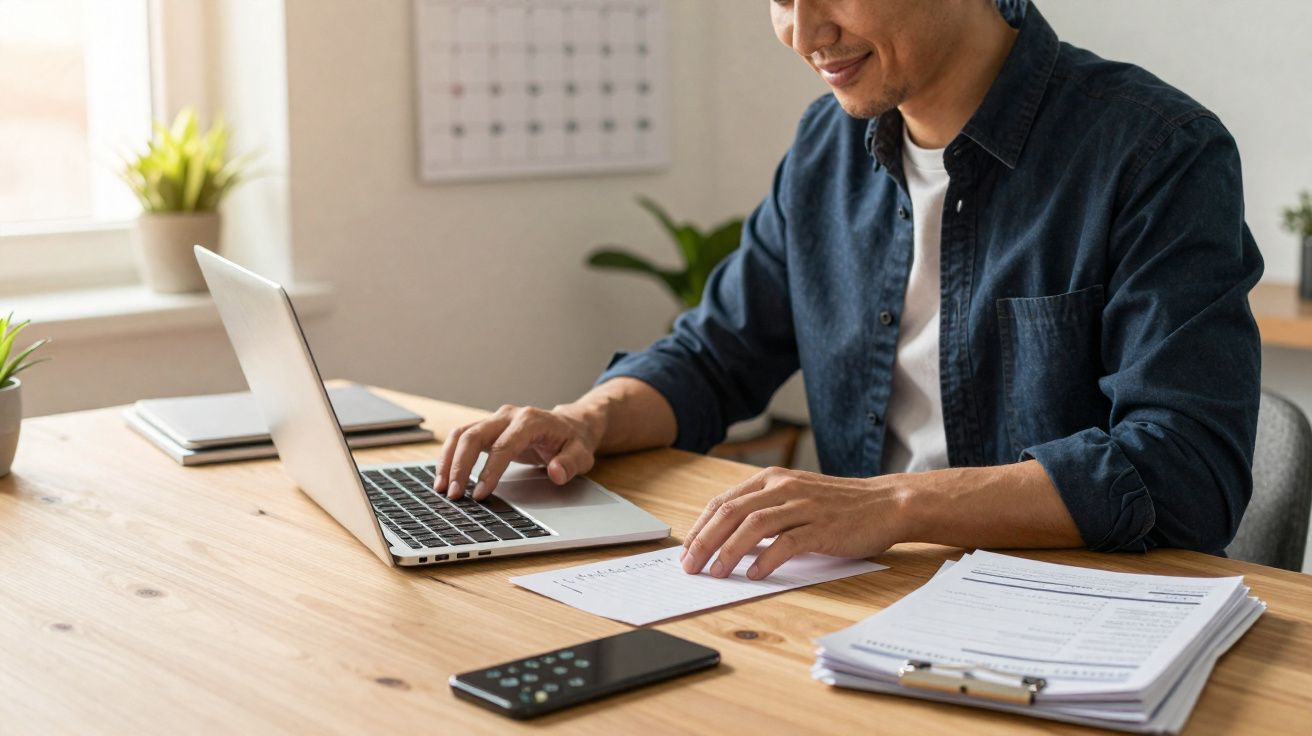 Pessoa a trabalhar num portátil numa secretária com documentos e telemóvel, em ambiente claro e organizado.