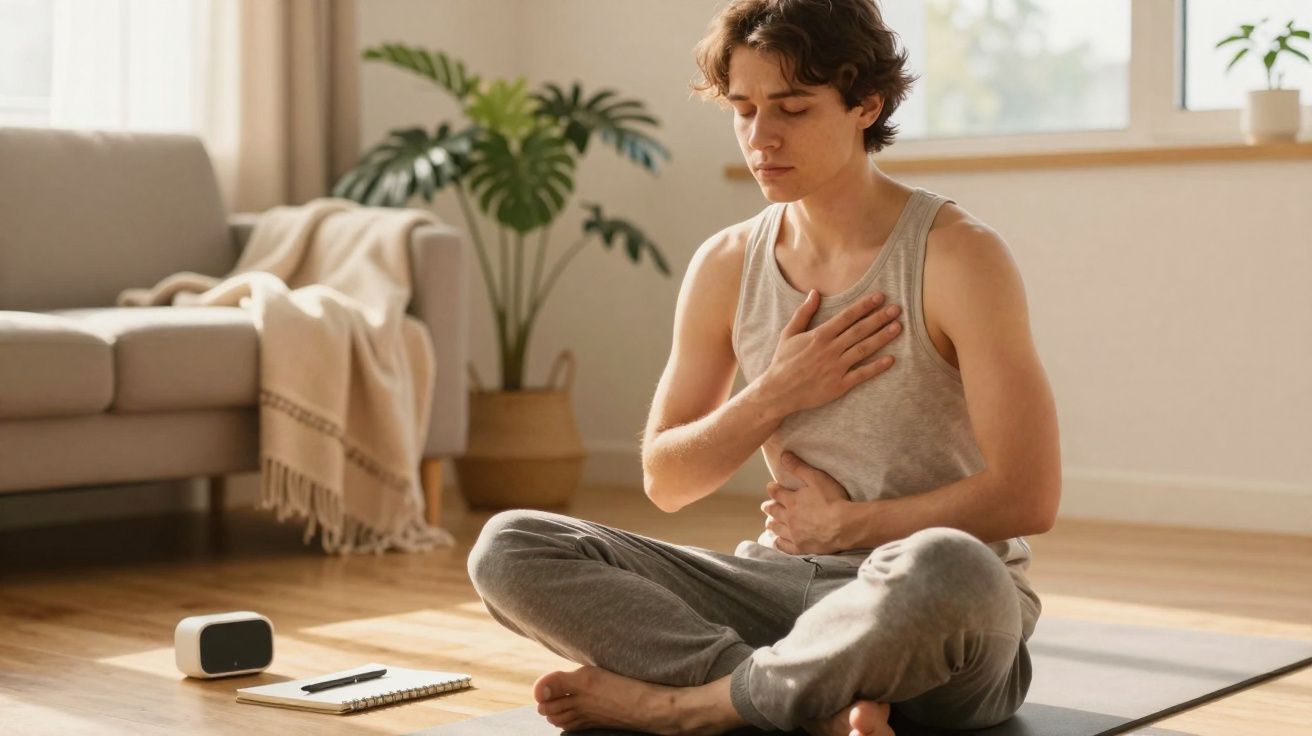 Jovem sentado em posição de meditação, com olhos fechados e mãos no peito e no estômago, em sala iluminada.