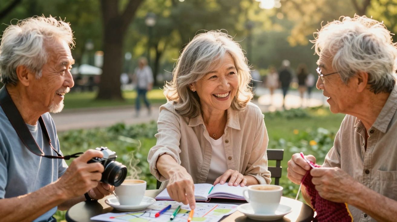 Três idosos sentados em parque, com café, mapa, livros e a conversar animadamente numa mesa.