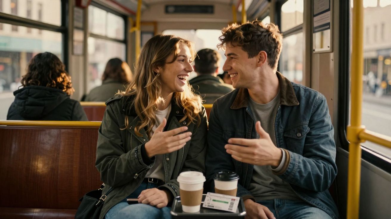 Jovem casal a sorrir e conversar enquanto está sentado num autocarro com café e bilhetes na mesa.