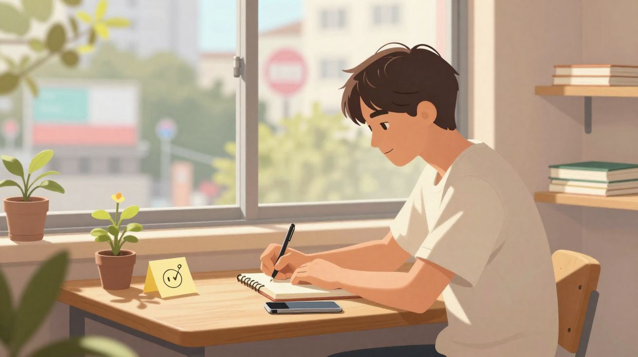 Jovem a estudar numa secretária junto à janela, com plantas, caderno e telemóvel à sua frente.