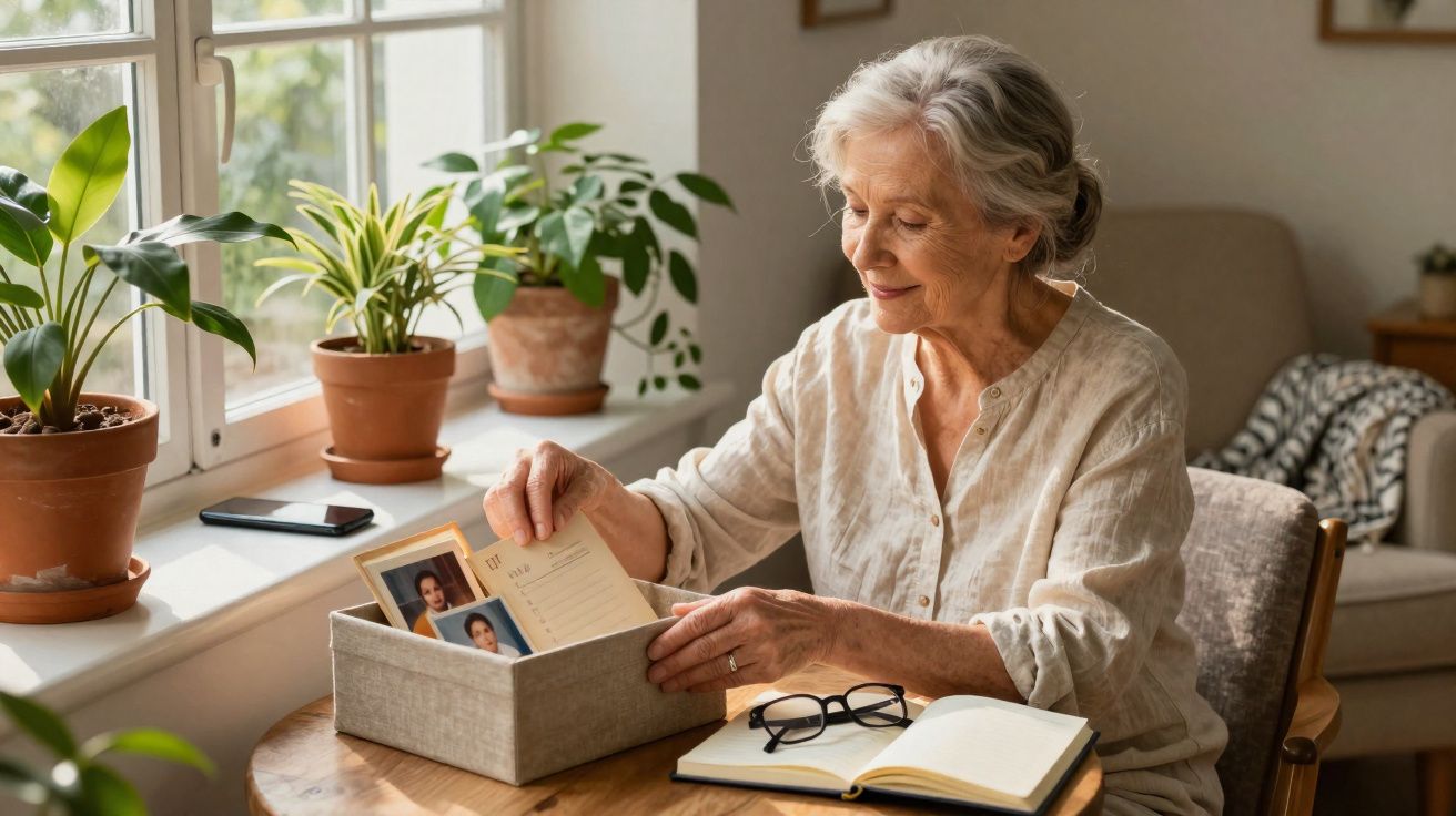 Mulher idosa sentada à mesa junto à janela a folhear fotografias antigas numa caixa.