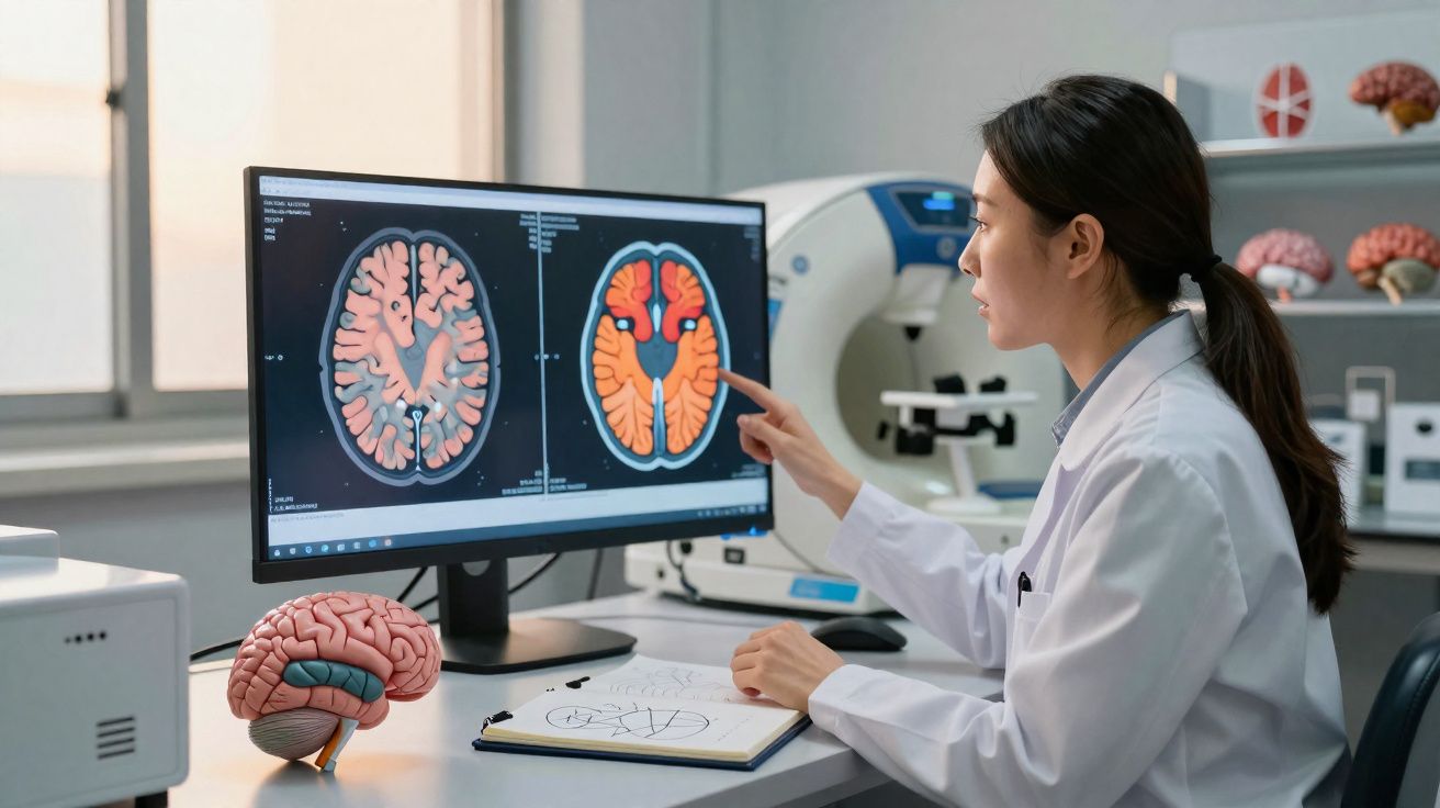 Cientista analisa imagens cerebrais coloridas num ecrã em laboratório com modelos de cérebro e equipamentos médicos.