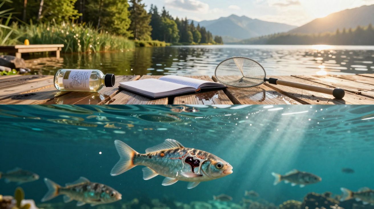 Margem de lago com livro aberto, rede de pesca e garrafa, vista subaquática mostra peixes a nadar sob luz solar.