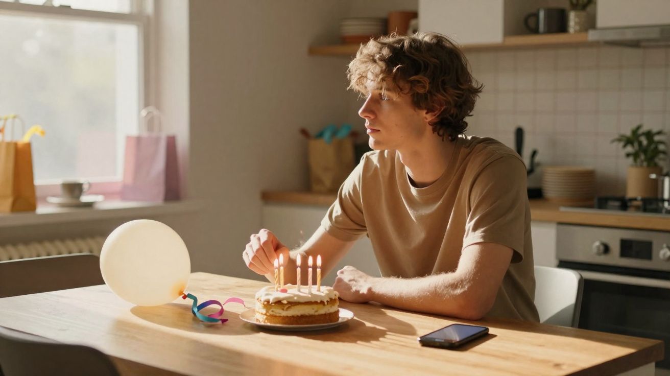 Jovem sentado à mesa a acender velas de bolo de aniversário com balão ao lado numa cozinha iluminada.