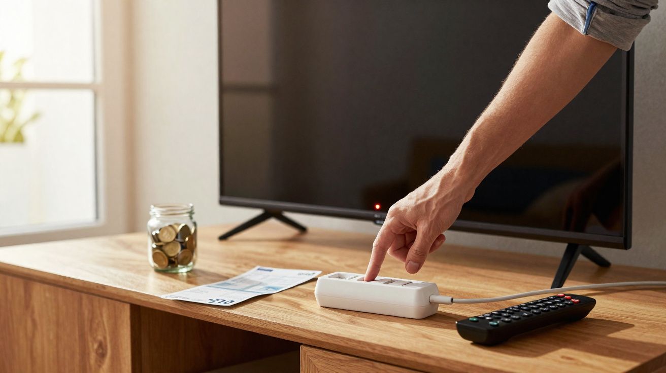 Pessoa a desligar uma régua elétrica numa mesa com moedas, faturas e um comando de televisão.