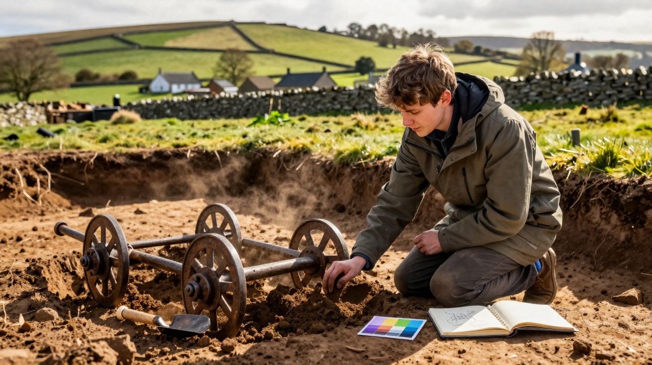 Jovem arqueólogo escava e analisa vestígios de uma antiga estrutura de rodas numa área rural.