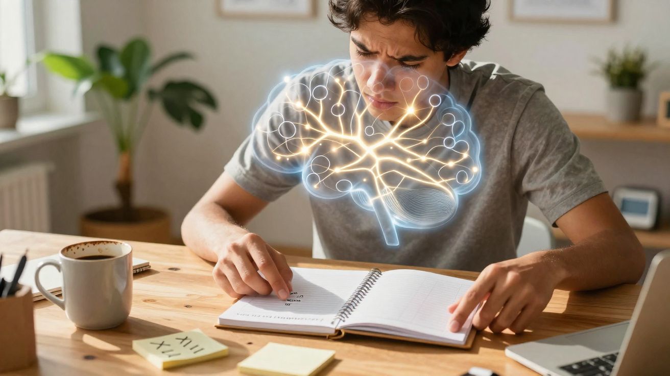 Homem a estudar com ilustração digital de cérebro luminosa sobreposta, simbolizando concentração e memorização.