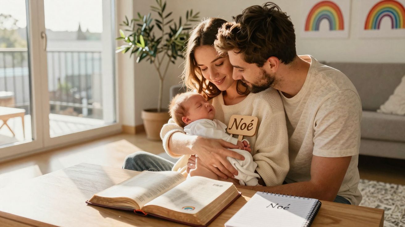 Casal sorridente segura bebé adormecido com placa "Noé" num ambiente acolhedor e iluminado.