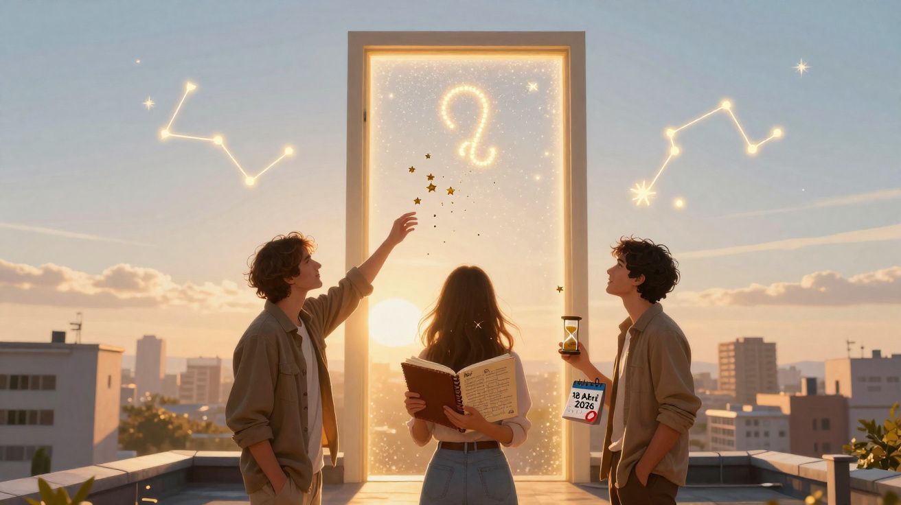 Três jovens numa cobertura ao pôr do sol com uma porta luminosa e símbolos de astrologia no céu.