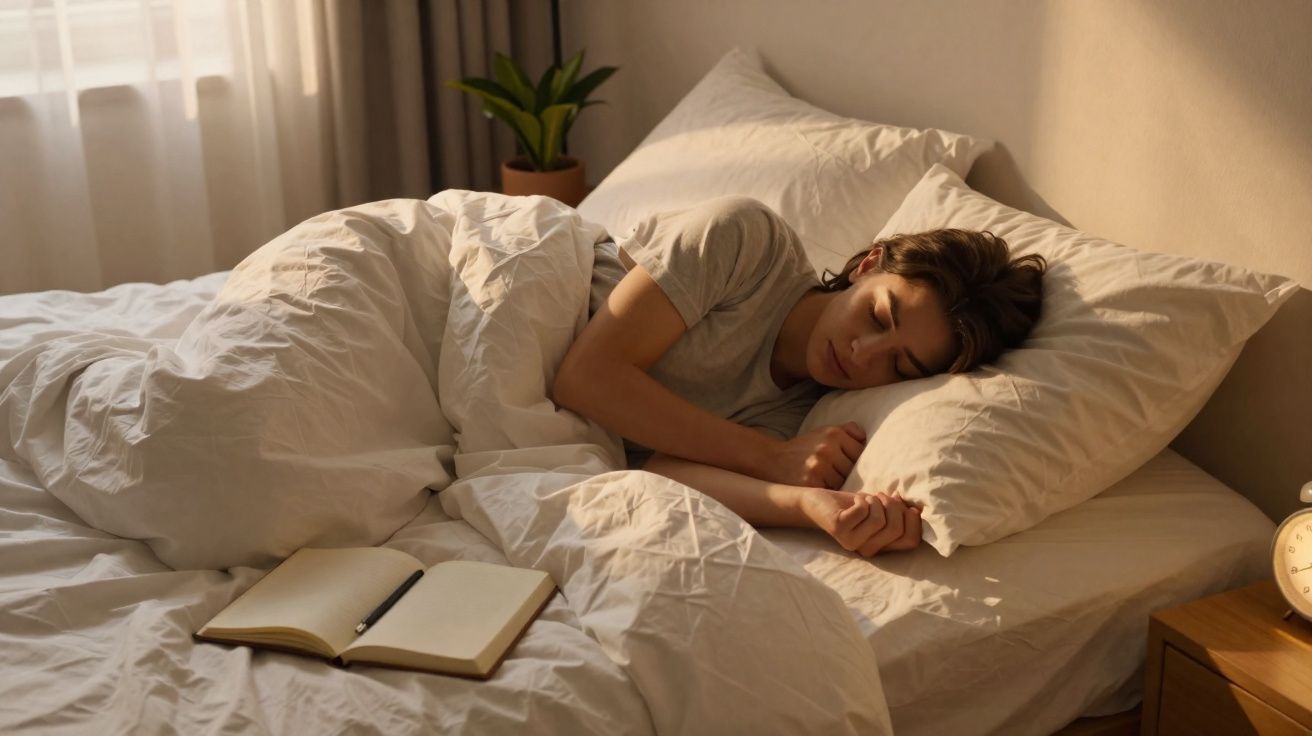 Pessoa a dormir numa cama com almofadas brancas, ao lado uma planta e um livro aberto.