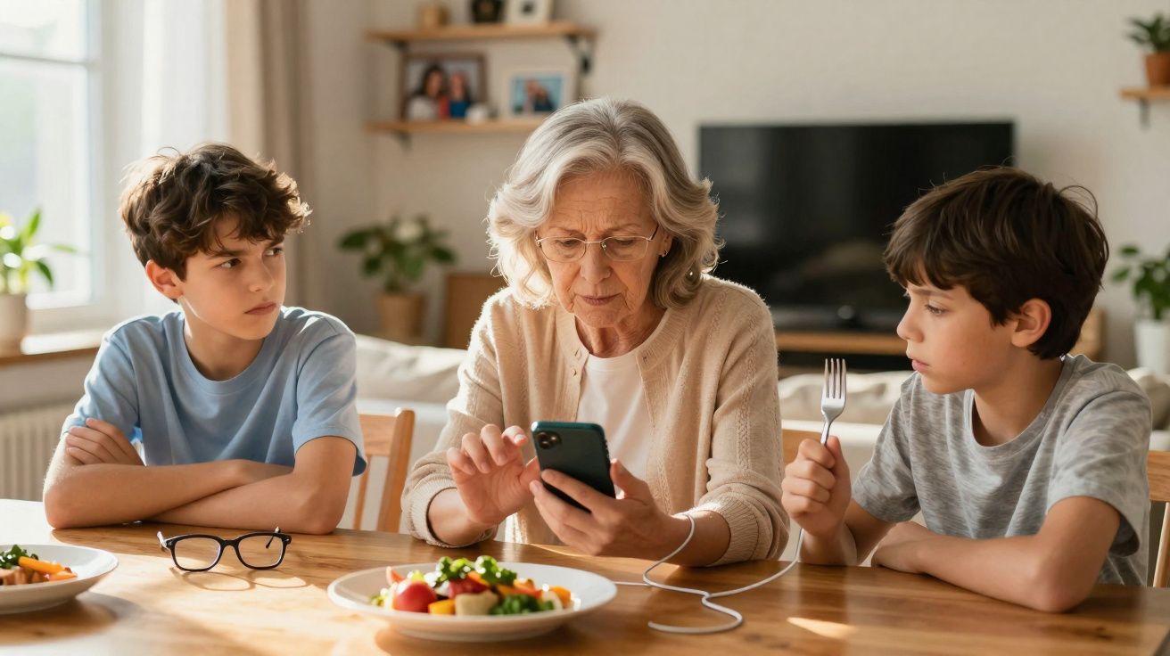 Avó a usar telemóvel com dois netos sentados à mesa de refeição, com pratos de comida à frente.