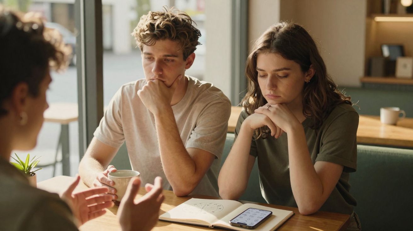 Dois jovens sentados numa mesa, a ouvir atentamente uma terceira pessoa que fala com gestos.
