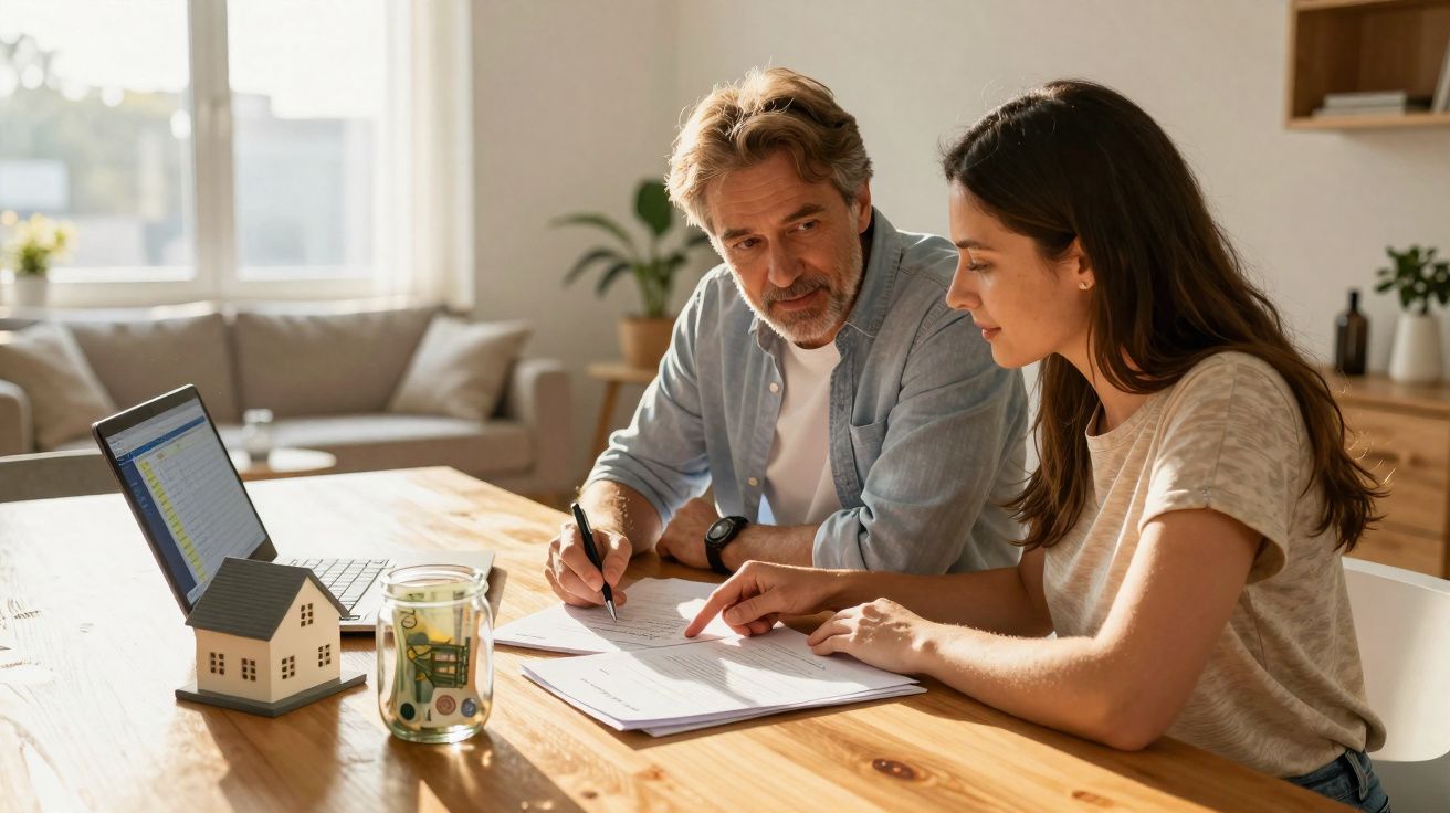Homem e mulher sentados à mesa a analisar documentos com casa em miniatura e computador portátil à frente.