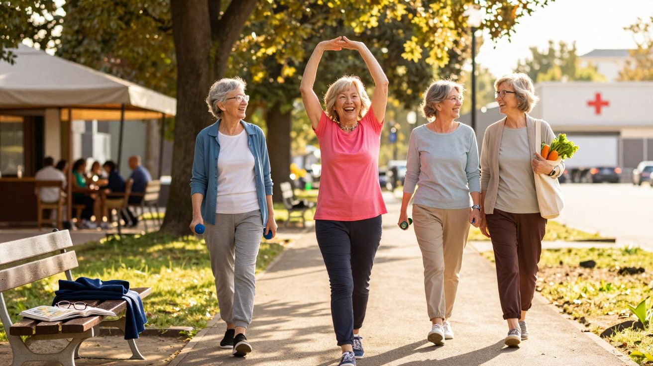 Quatro mulheres sénior felizes a caminhar e a fazer exercício num parque ensolarado.
