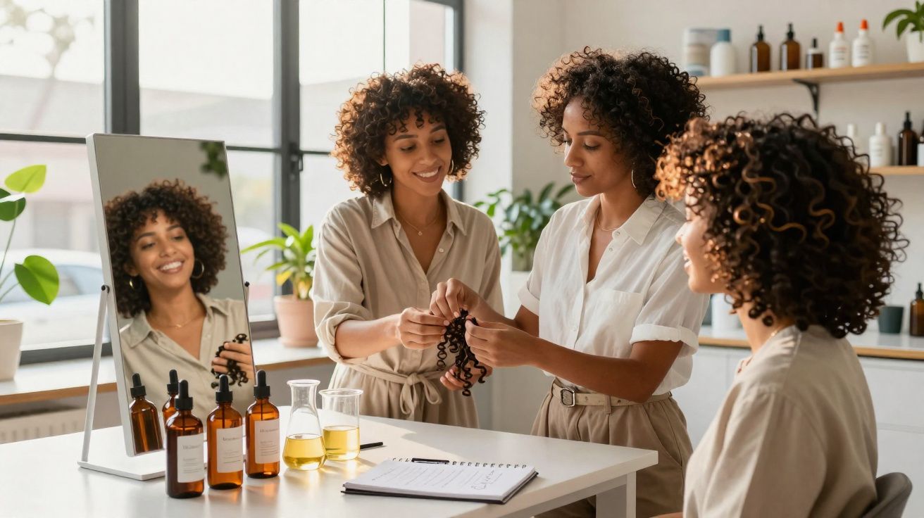 Duas mulheres a analisar amostra de cabelo encaracolado num salão com produtos de beleza na bancada.