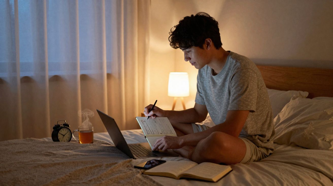 Homem jovem sentado na cama, a estudar com caderno, portátil, lâmpada e chá quente à noite.