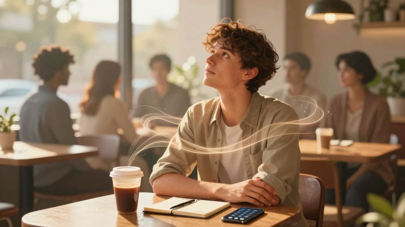 Jovem num café, sentado a uma mesa com caderno, telemóvel e café, olhando pensativo para o lado.