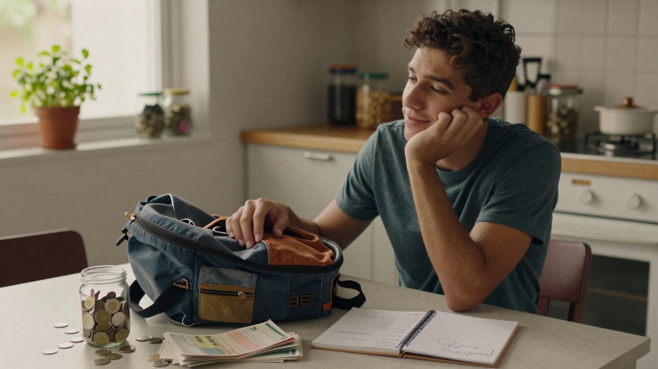 Jovem pensativo sentado à mesa da cozinha com mochila, caderneta e moedas espalhadas.