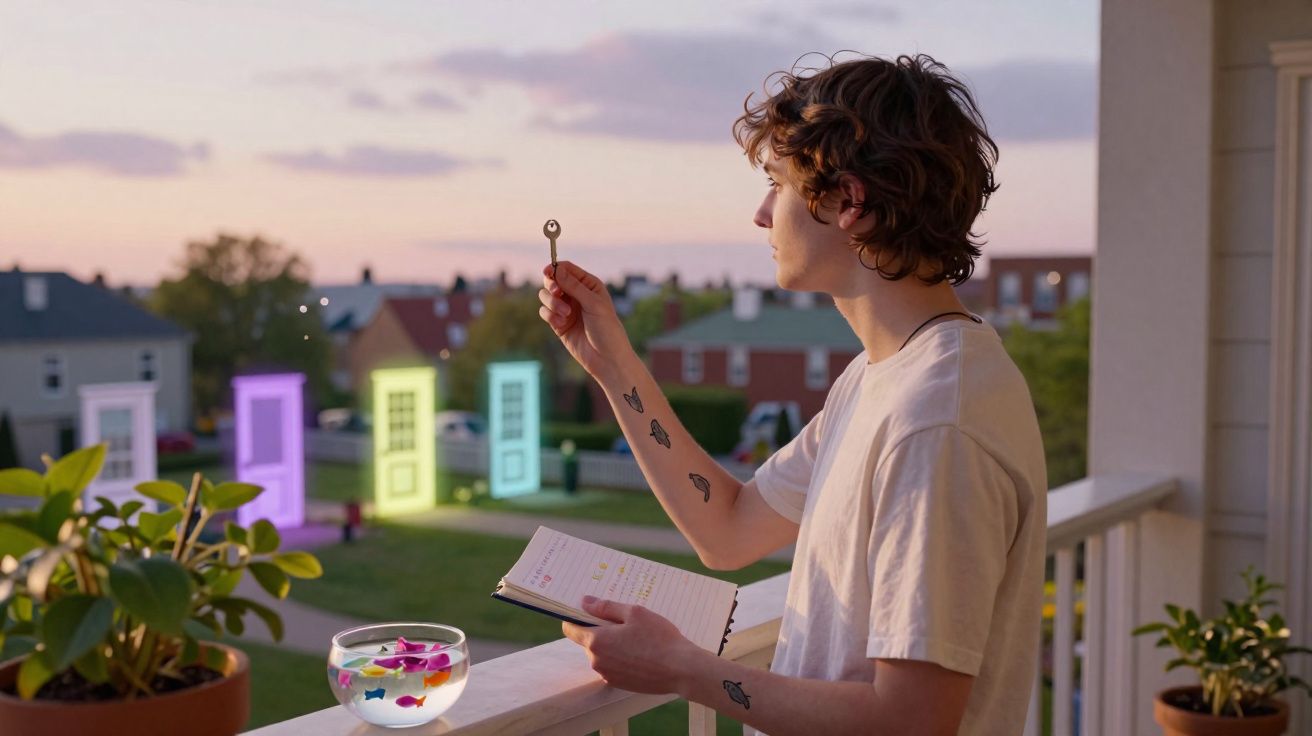 Jovem no terraço a segurar uma chave enquanto olha para portas coloridas flutuantes ao pôr do sol.