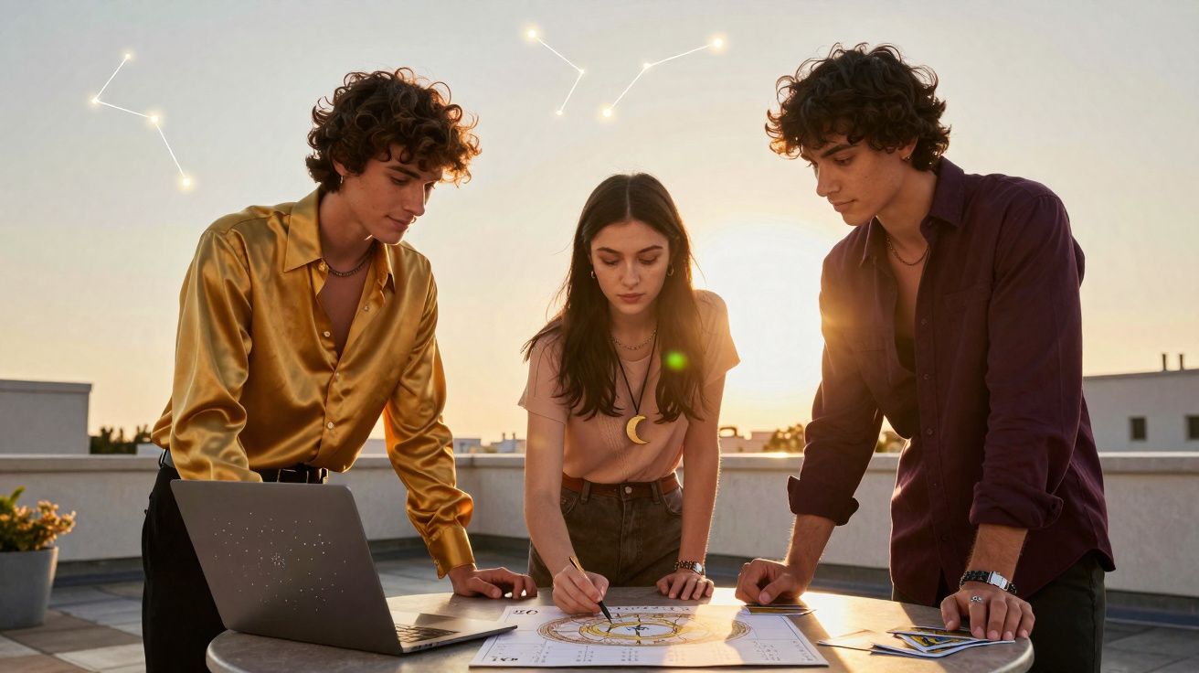 Três jovens analisam um mapa astral num terraço ao pôr do sol, com computador e cartas ao lado.