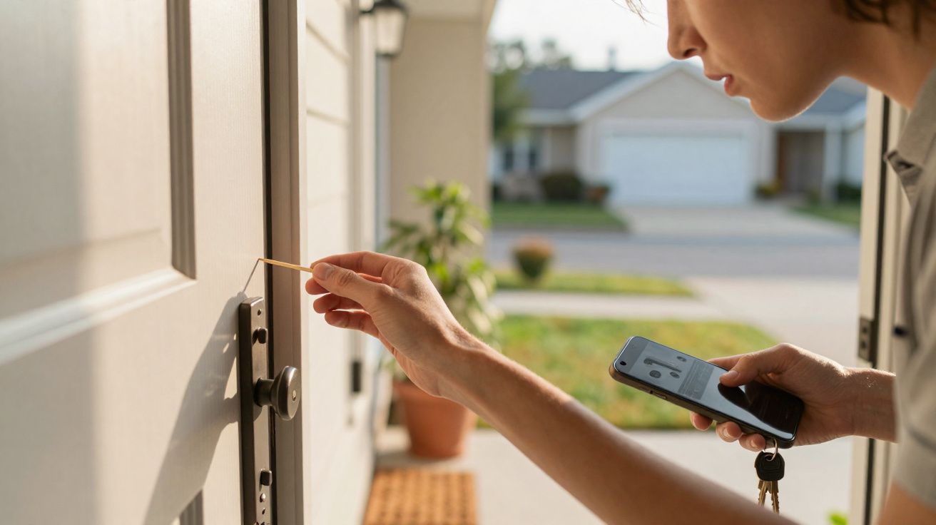 Pessoa a destrancar uma porta com uma ferramenta fina, segurando um telemóvel na mão.