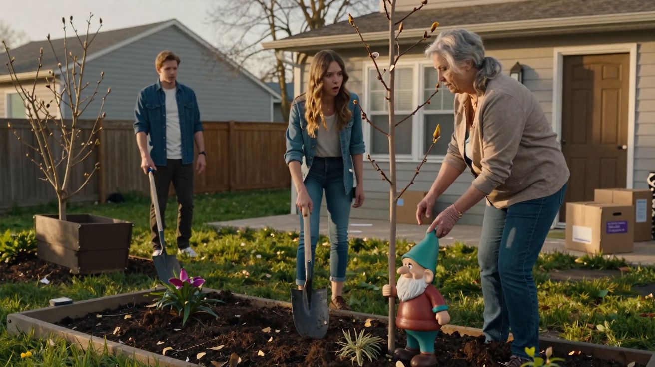 Três pessoas no jardim plantam uma árvore, uma delas segura um gnomo de jardim azul e vermelho.